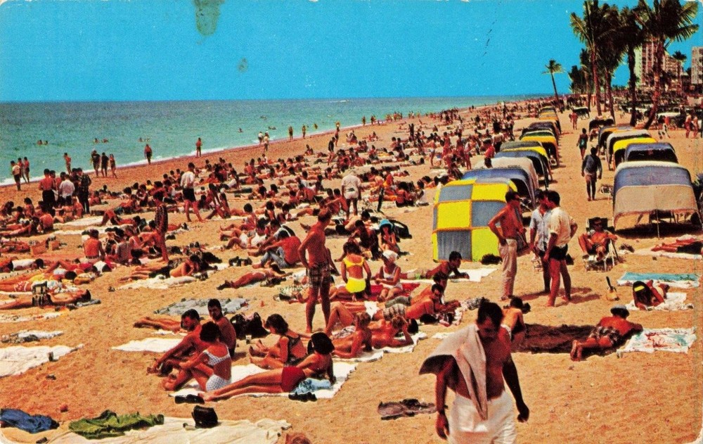Fort Lauderdale FL Florida, Beach Sunbathers Cabanas Palms, Vintage Postcard