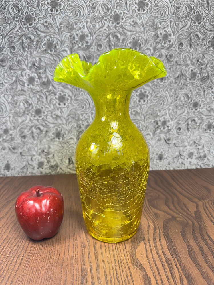 RARE Vintage Blenko Crackle Glass Vase Yellow Jonquil Joel Myers Mid Century MCM