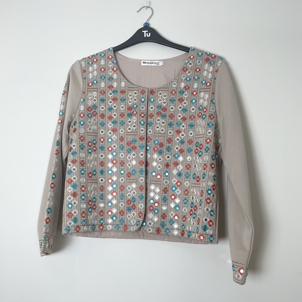 MISS KOO Paris Beige Embroidery Sequin Detail Patch Jacket Size Medium UK 12