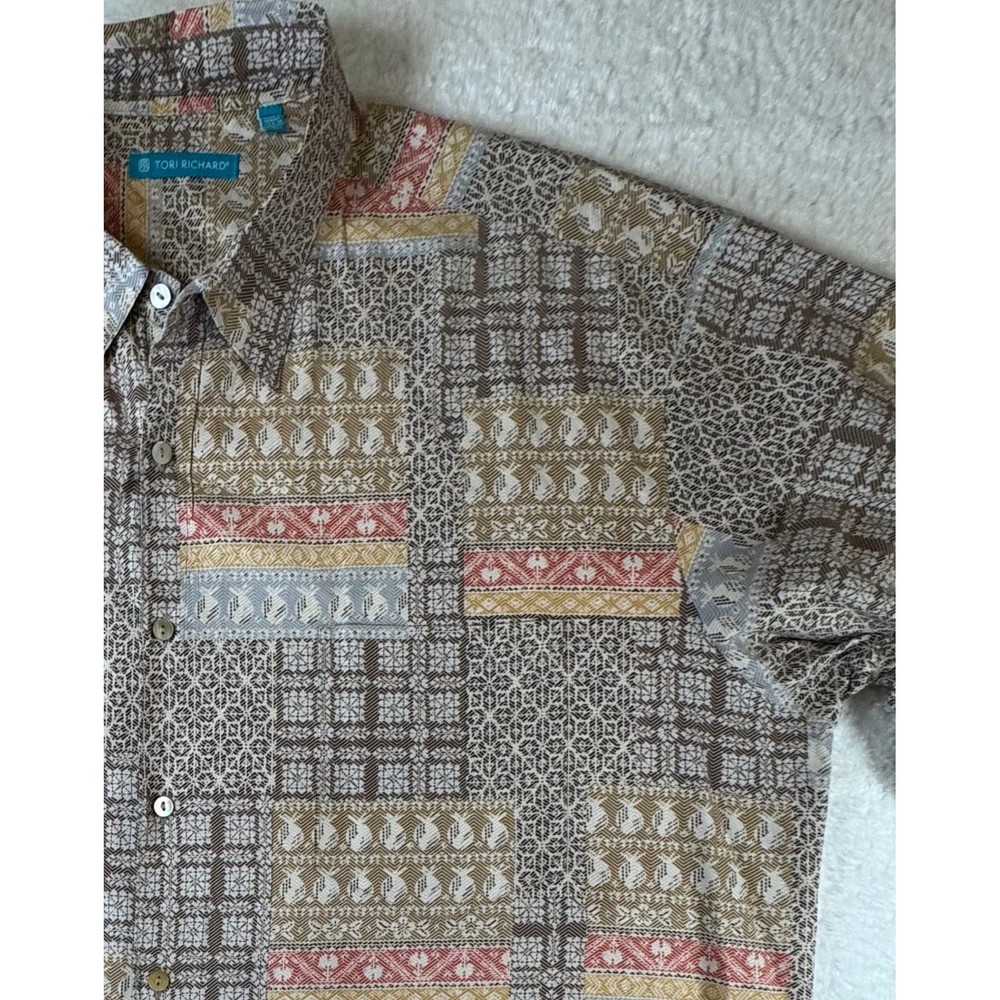 Tori Richard Shirt Mens 2XL Brown Geometric Patchwork 100% Cotton Lawn Hawaii