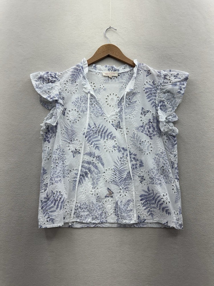 Solitaire Women’s Large Floral Eyelet Blouse White Cottagecore Flutter Sleeve
