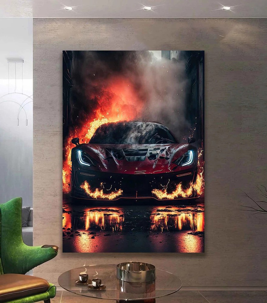 Flaming Colorful Graffiti Red Vintage Car Wall Art Canvas Unframed Print Art