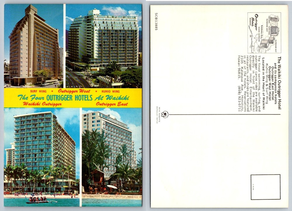 Waikiki Outrigger Hotels Hawaii Vintage Postcard Surf Kuhio Wing Beach