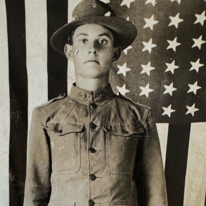 RPPC WWI U.S. Soldier Uniform American Flag Backdrop Real Photo Postcard