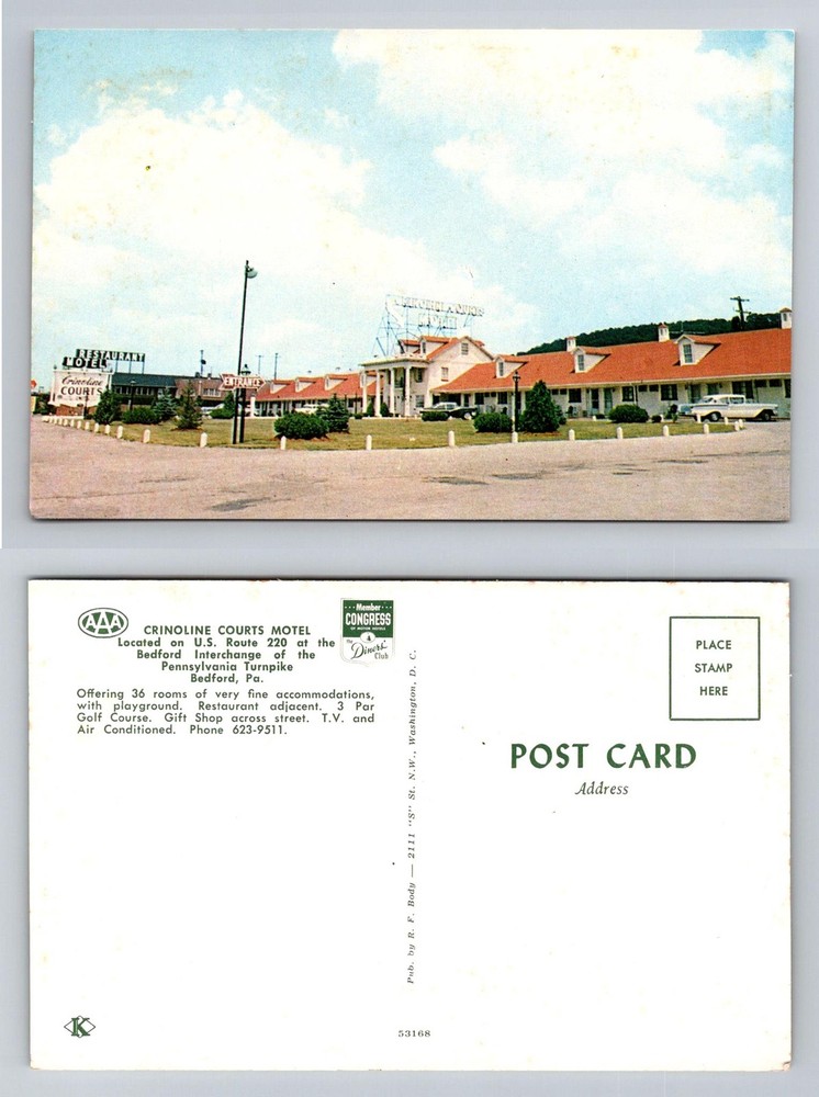 Bedford, PA-Pennsylvania, Crinoline Courts Motel Roofs Entrance Vintage Postcard
