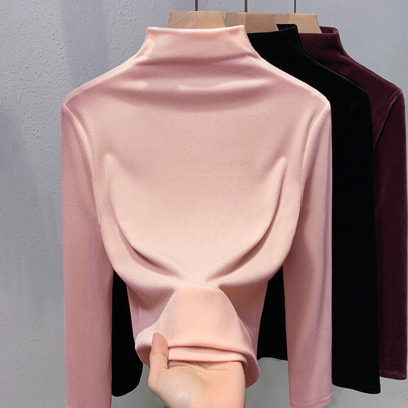 Womens Elegant Velvet Mock Neck Long Sleeves Shirt Slim Fit Blouse Warm Tops