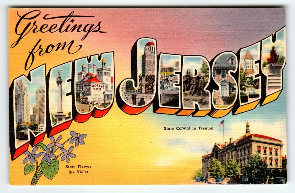 Greetings from New Jersey Vintage Large Letter Postcard 1940s Flowers Trenton