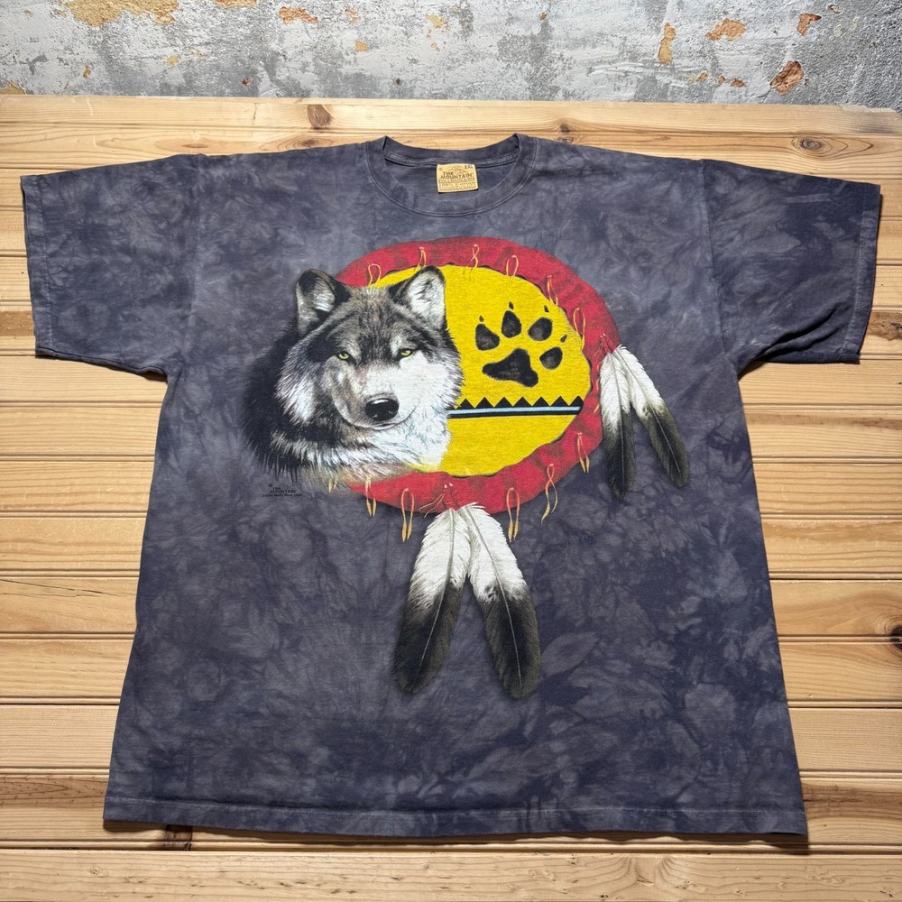 Vintage Y2K Wolf Paw Print Feathers Graphic Tribal Tie Dye T-Shirt USA Made XXL