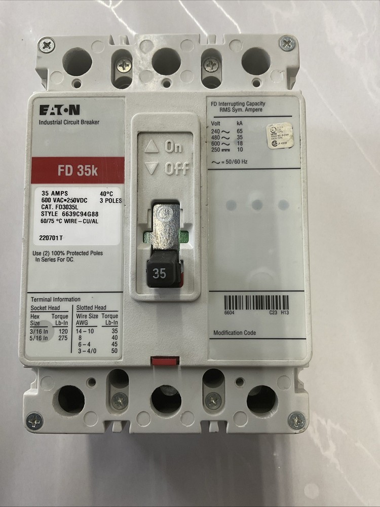 Eaton FD 35K 3 Pole 35 Amp Industrial Circuit Breaker 600 VAC 250VDC
