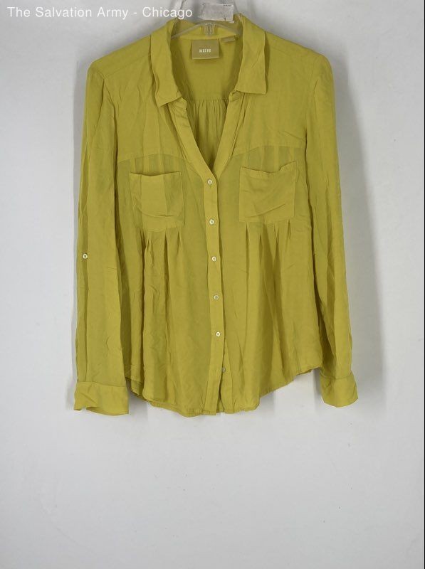 Maeve Womens Yellow Collared Long Sleeve Pockets Button Front Blouse Top Size M