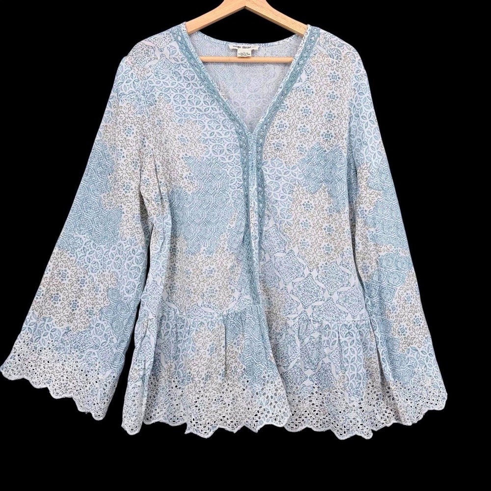Women's Boho Peasant Tunic Top XL White Blue Cotton Embroidered Cottagecore