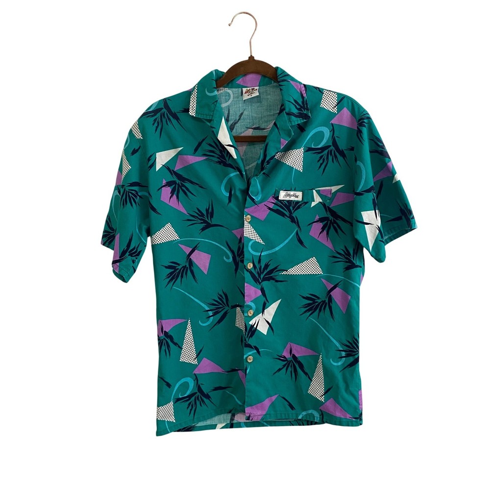VTG Leggoons 80s 90s Geometric Surf Shirt S Teal Cotton Memphis Camp Beach *FLAW