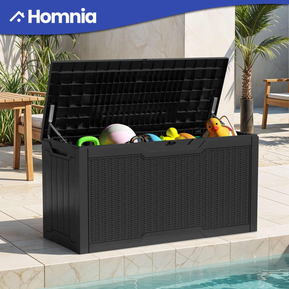 Outdoor Storage Box 80 Gallon Patio Deck Resin Black Table Wickered Side Handles