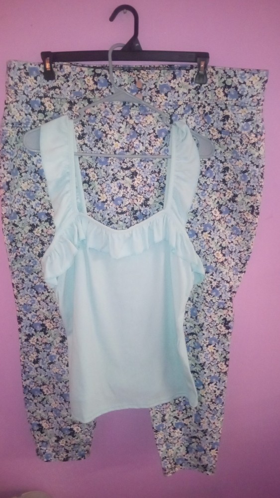 Terra & Sky Plus Sz 3x Floral Legging Pants And Matching Cropped Tank Top Teal
