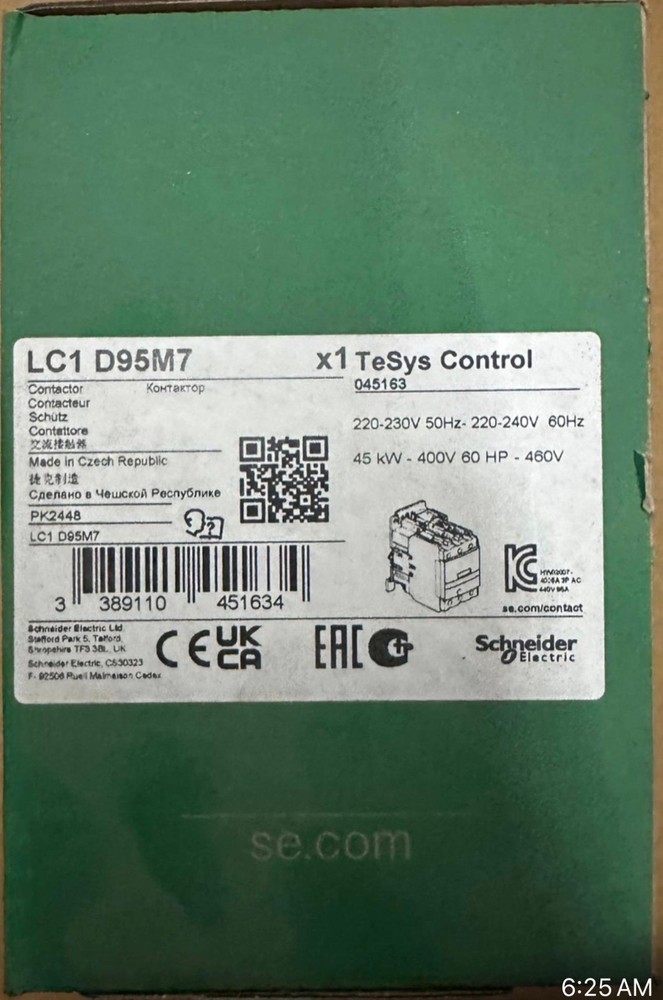 Schneider LC1D95M7 - TeSys D contactor 3P 95A 220V AC - Made in Czech Republic