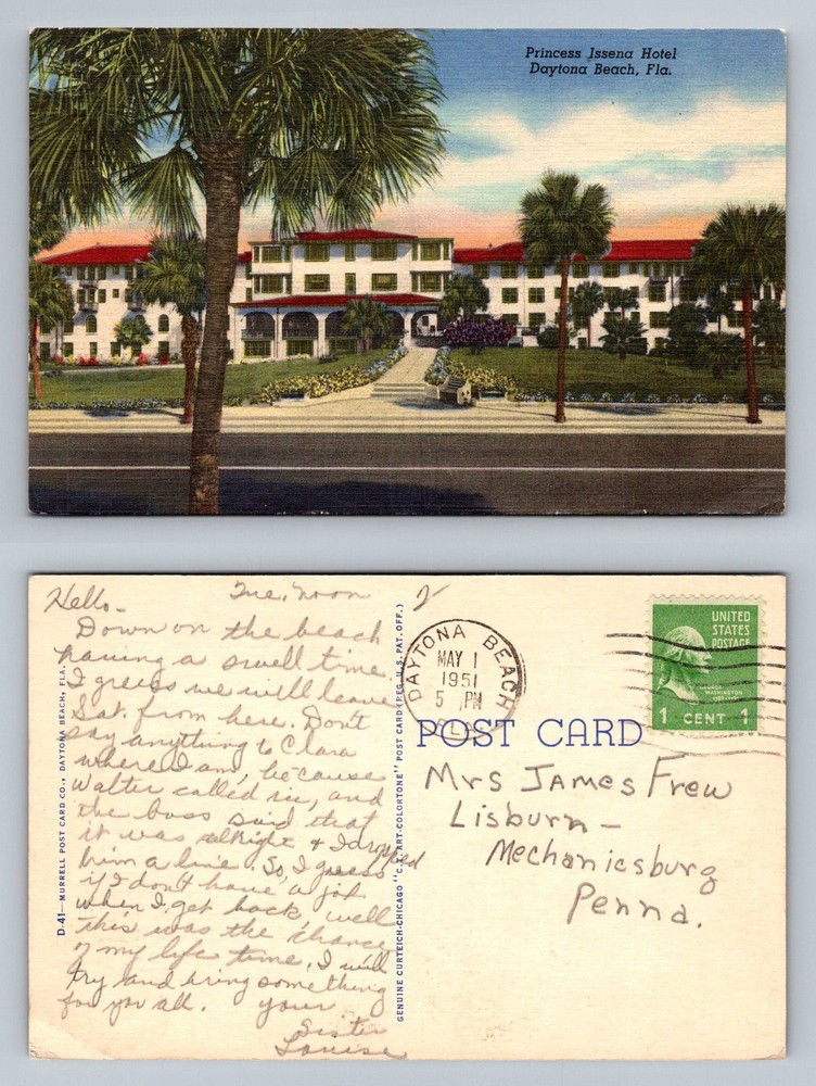 Daytona Beach, FL-Florida, Princess Issena Hotel Grounds Vintage c1951 Postcard
