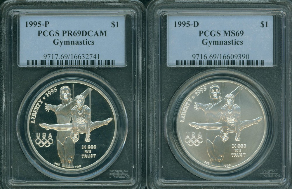 1995-P & 1995-D GYMNASTICS SILVER DOLLAR PCGS MS69 & PR69 PF69 2-COINS SET !