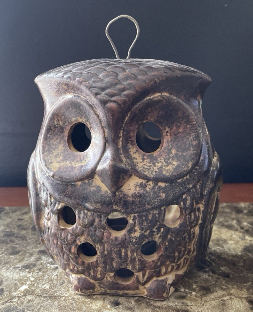 Vintage Brown Ceramic Owl Hanging Tealight Candle Holder Luminary Pottery MCM 5
