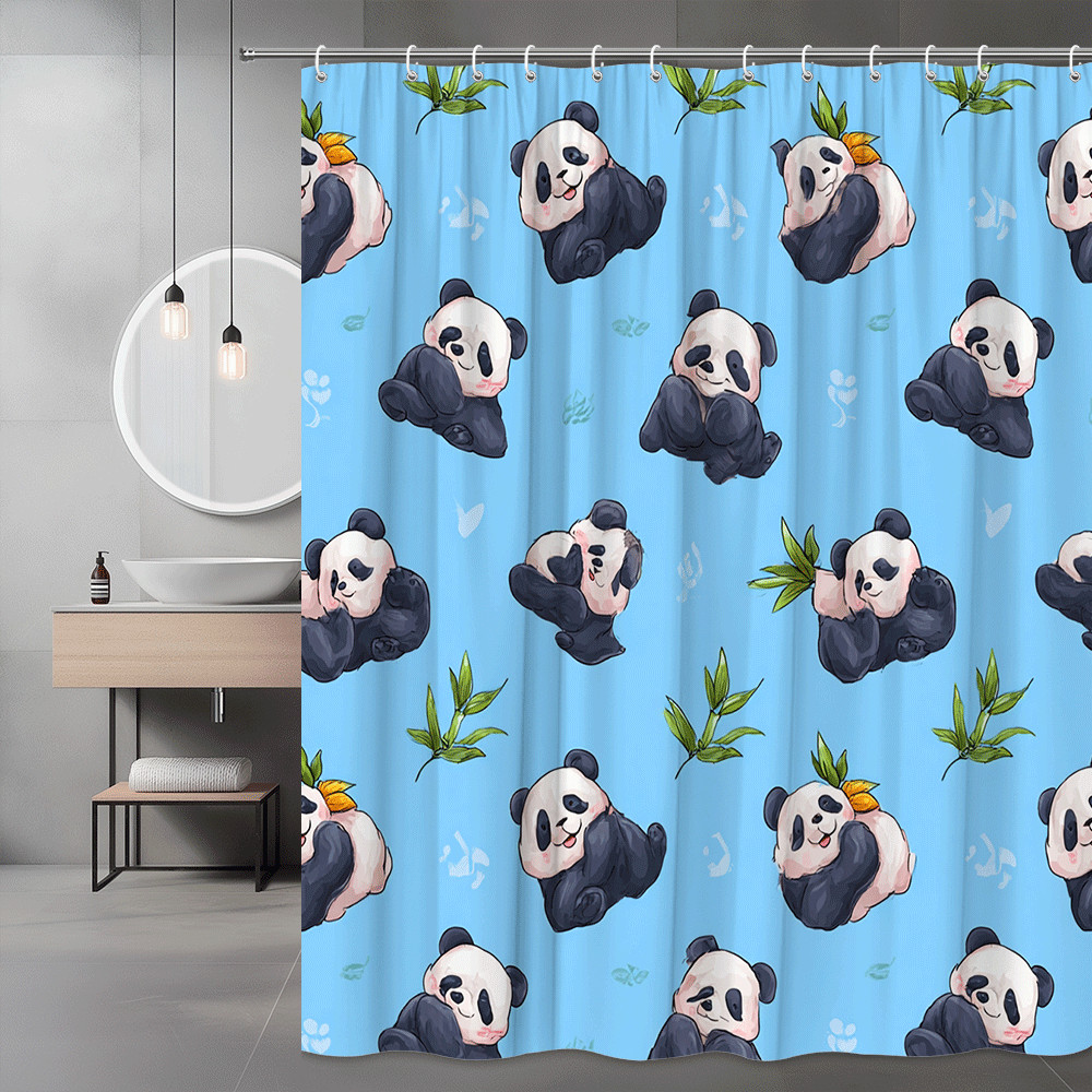 Panda Shower Curtain Blue Cute Cartoon Animal Print