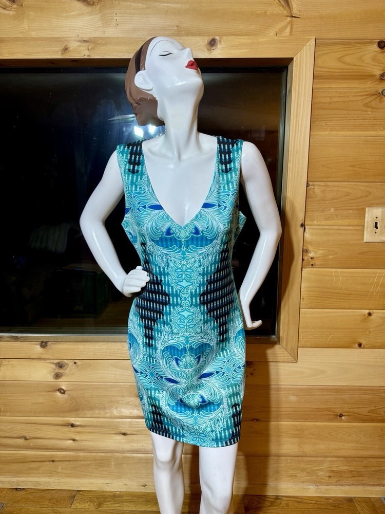 Bebe Women’s Dress Size Large Turquoise Blue Geometric Sleeveless Bodycon Sheath