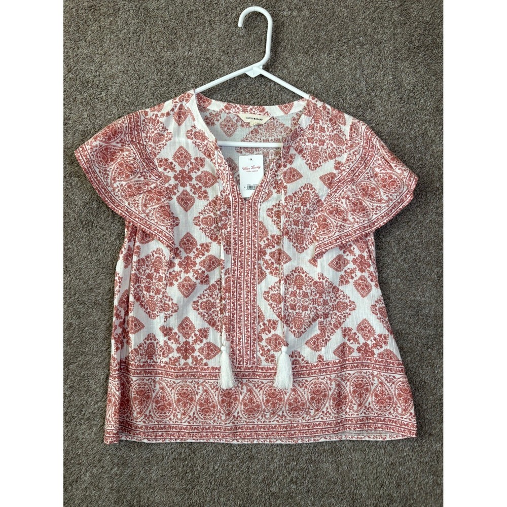 NWT Lucky Brand Embroidered Tunic Top Red White V Neck Tassels Boho Women's S