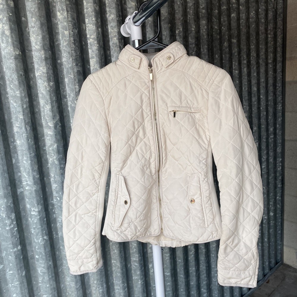 Zara Cream Knit Panel Quilted Puffer Jacket /Size Small