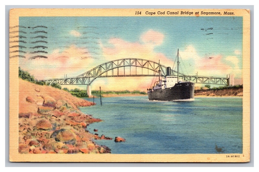 Sagamore MA Massachusetts Cape Cod Canal Bridge Ship Linen Postcard Posted 1940