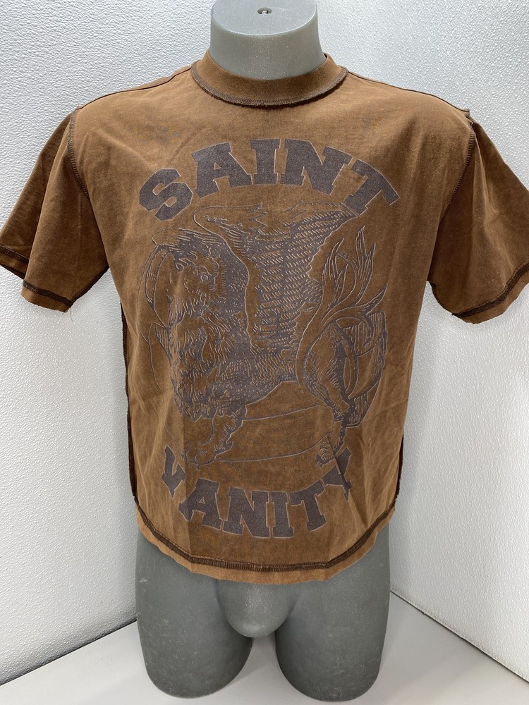 Saint Vanity Mens T-Shirt Mocha Brown Size M Logo Print Short Sleeve Cotton