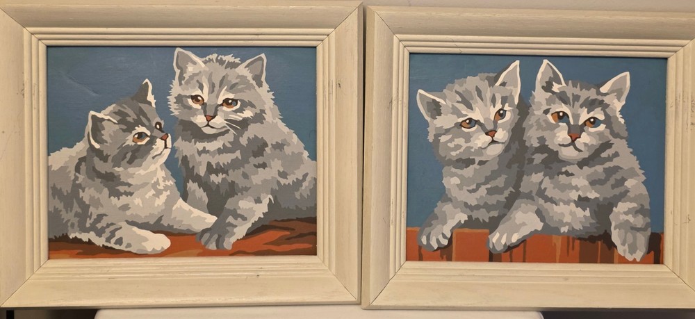 Lot of 2 Vintage Framed Paint By Number Artworks Of Kittens / Cats 11