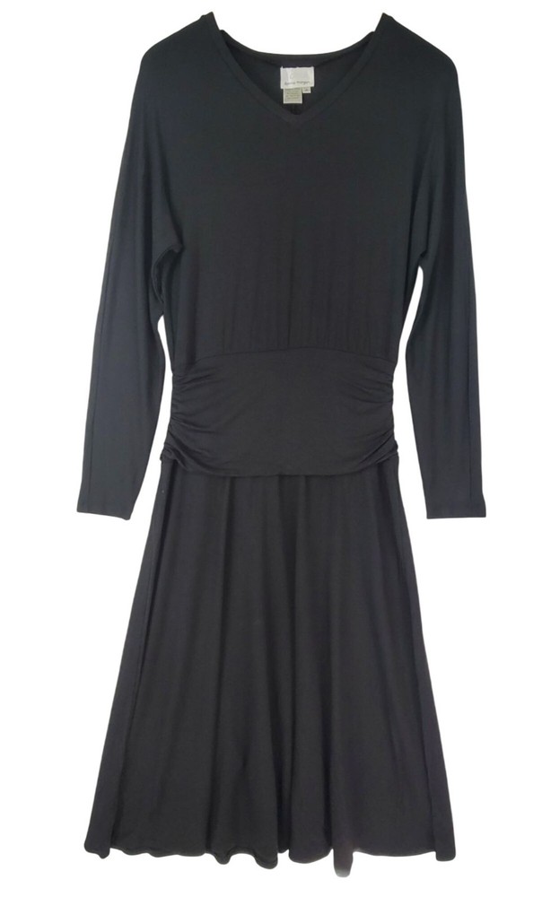 Donna Morgan Vintage Long Sleeve Black Jersey Banded Waist Midi Dress Size 4