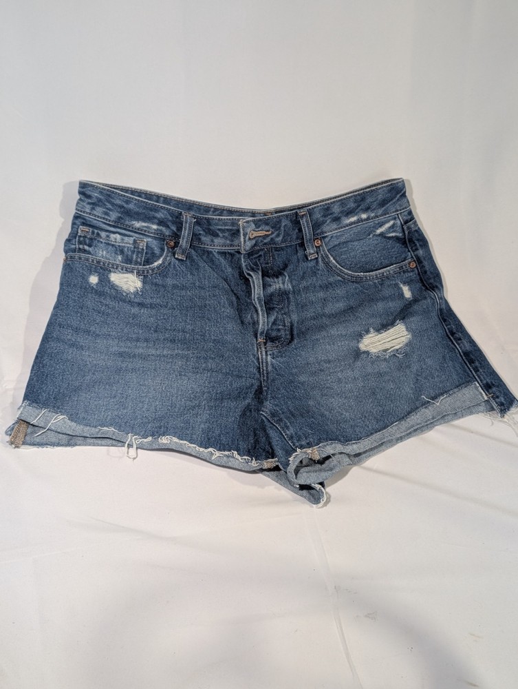 Express Boyfriend Midi Mid Rise Distressed Frayed Hem Denim Shorts Size 10