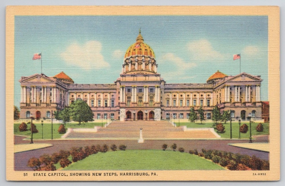 Harrisburg PA State Capitol Building New Steps Curteich Linen Postcard