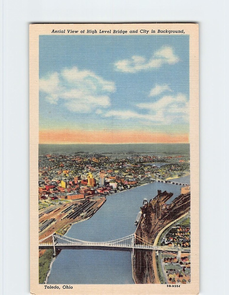 Postcard Aerial View of High Level Bridge and City Toledo Ohio USA