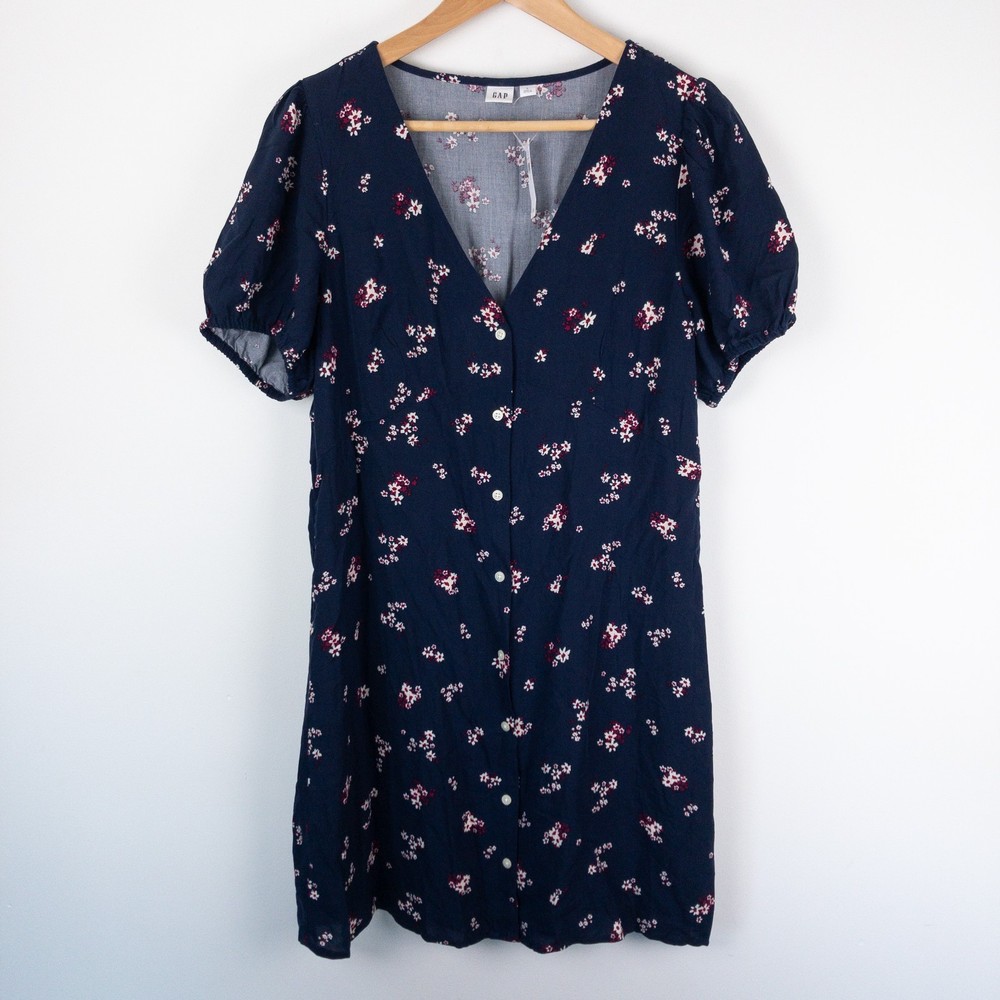 GAP Floral Mini Dress Womens L Blue Button Front Puff Sleeve Preppy New
