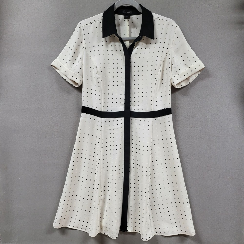 Ann Taylor Women size 6 Off White Polka Dot Fit and Flare Button Front Collared