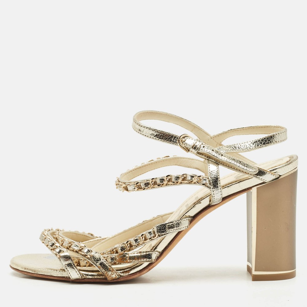 Chanel Gold Leather Ankle Strap Sandals with Chain Embellishments Size 39.5