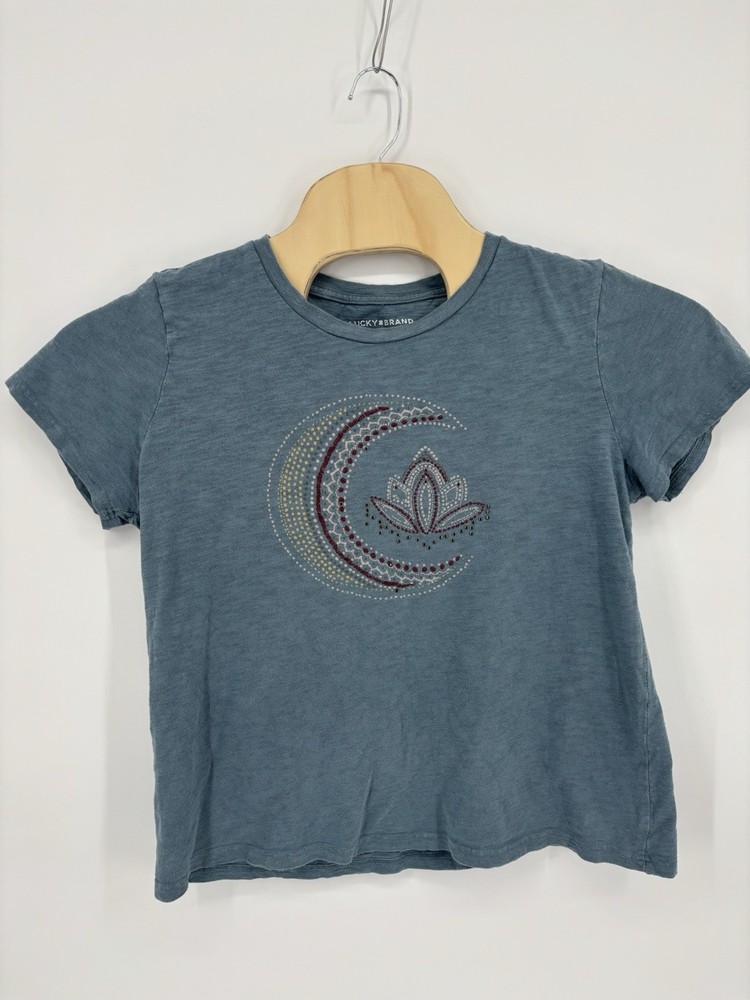 Lucky Brand Women's Large Blue Lotus Moon Graphic Tee Boho Celestial Slub Knit