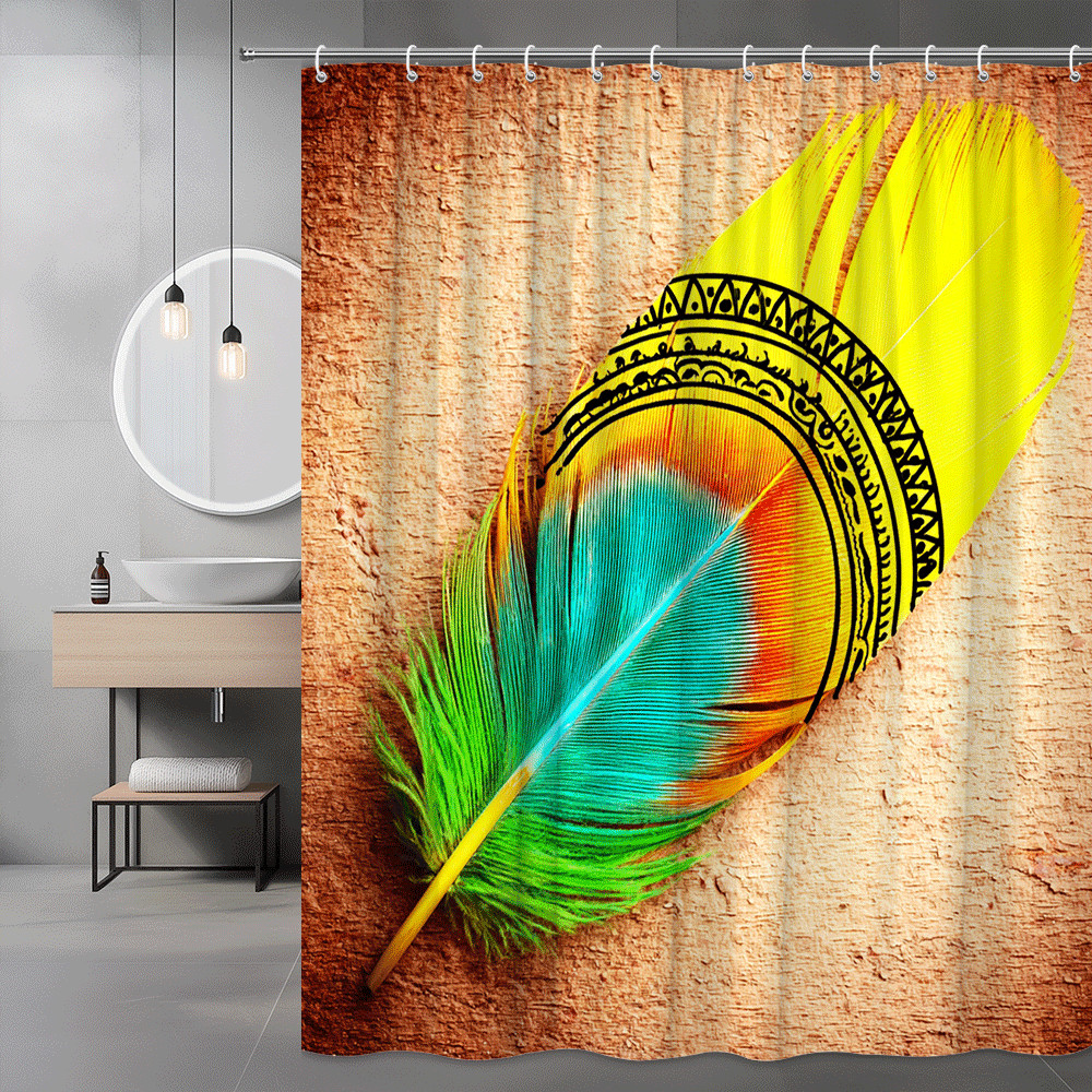 Boho Feather Shower Curtain Yellow Teal Orange Print