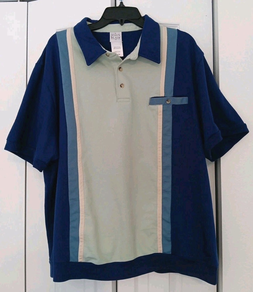 Vintage John Blair Short Sleeve Shirt, Size 2XL, Blue Colorblock, Banded Bottom