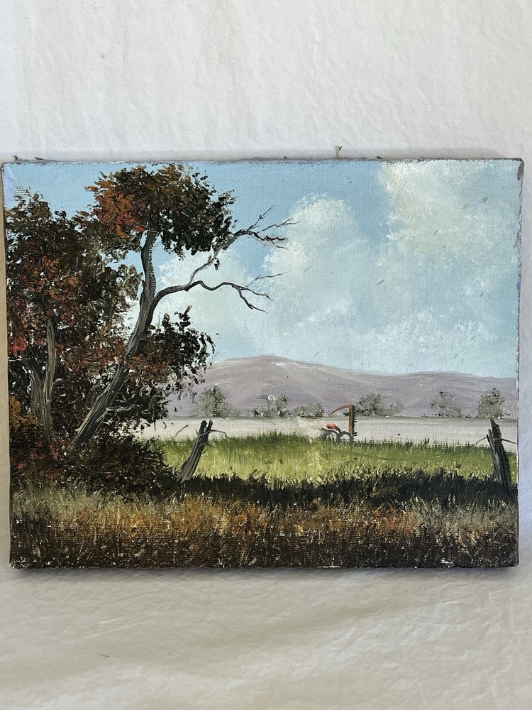 Small Landscape Oil Painting of a Field with a Plow
