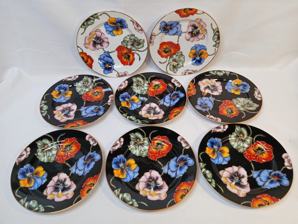 Fitz and Floyd Pansies Fine Porcelain Salad Plates Japan Set of 8