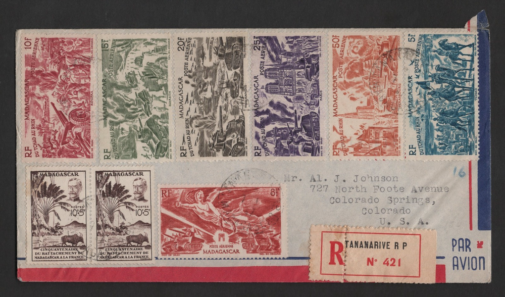 FRANCE MADAGASCAR TO US 1947 REGISTERED TANANARIVE FRANKED AIRMAIL SC. #C44-C50