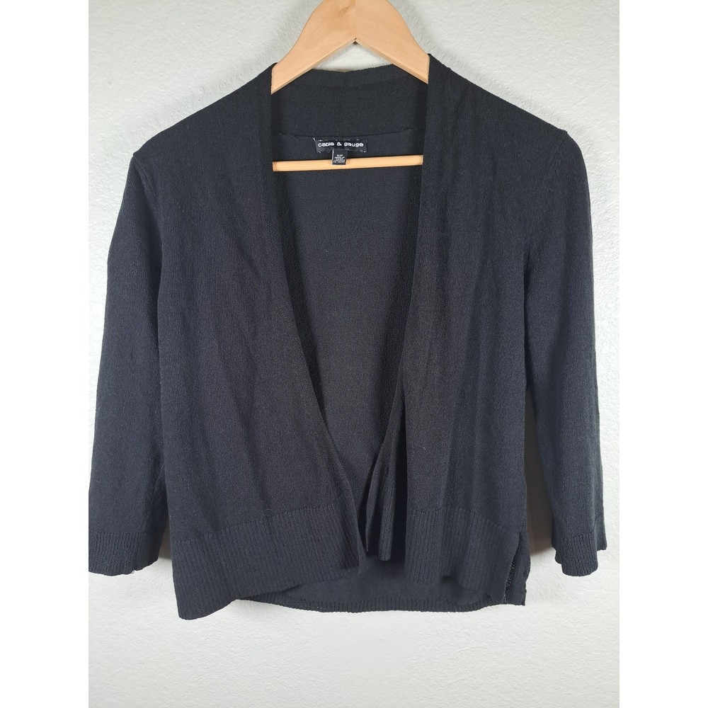 Cable & Gauge Womens Black Open Front Cardigan Sweater Size S Cropped 3/4 Sleeve