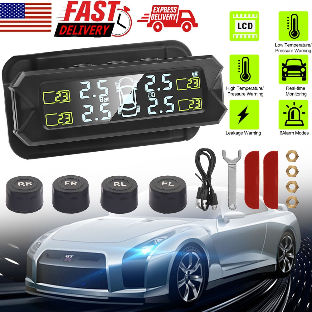 Solar TPMS LCD Wireless Car Tire Pressure Monitoring System + 4 External Sensors