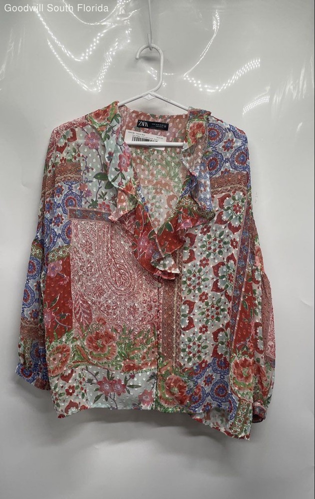 Zara Womens Multicolor Floral Print Long Sleeve Ruffle V-Neck Blouse Top Size M