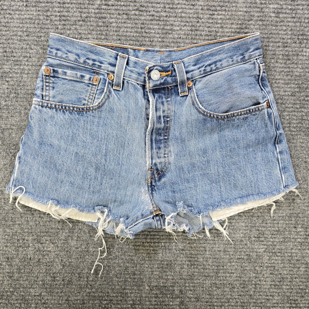 Levi's 501 Shorts Womens 28 Blue Button Fly Raw Hem Distressed