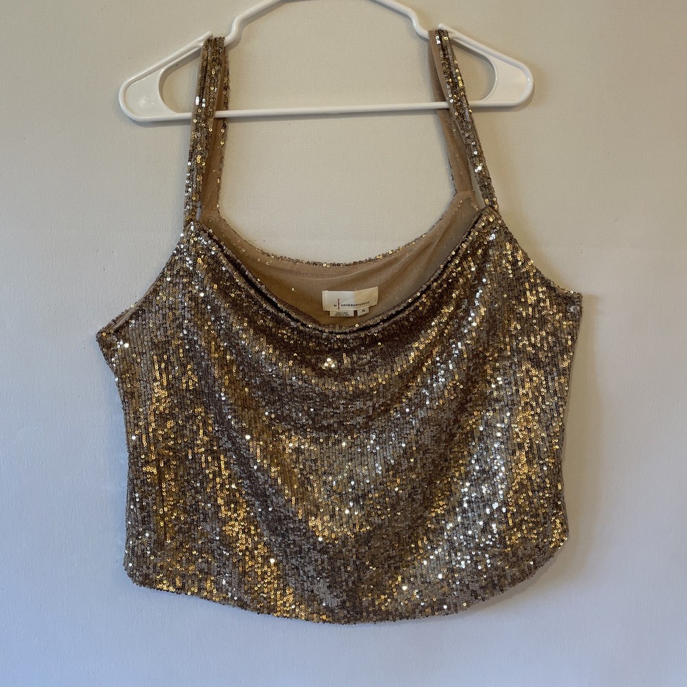 Anthropologie Gold Sequin Cowl Neck Camisole Sleeveless Tank Top Size XL