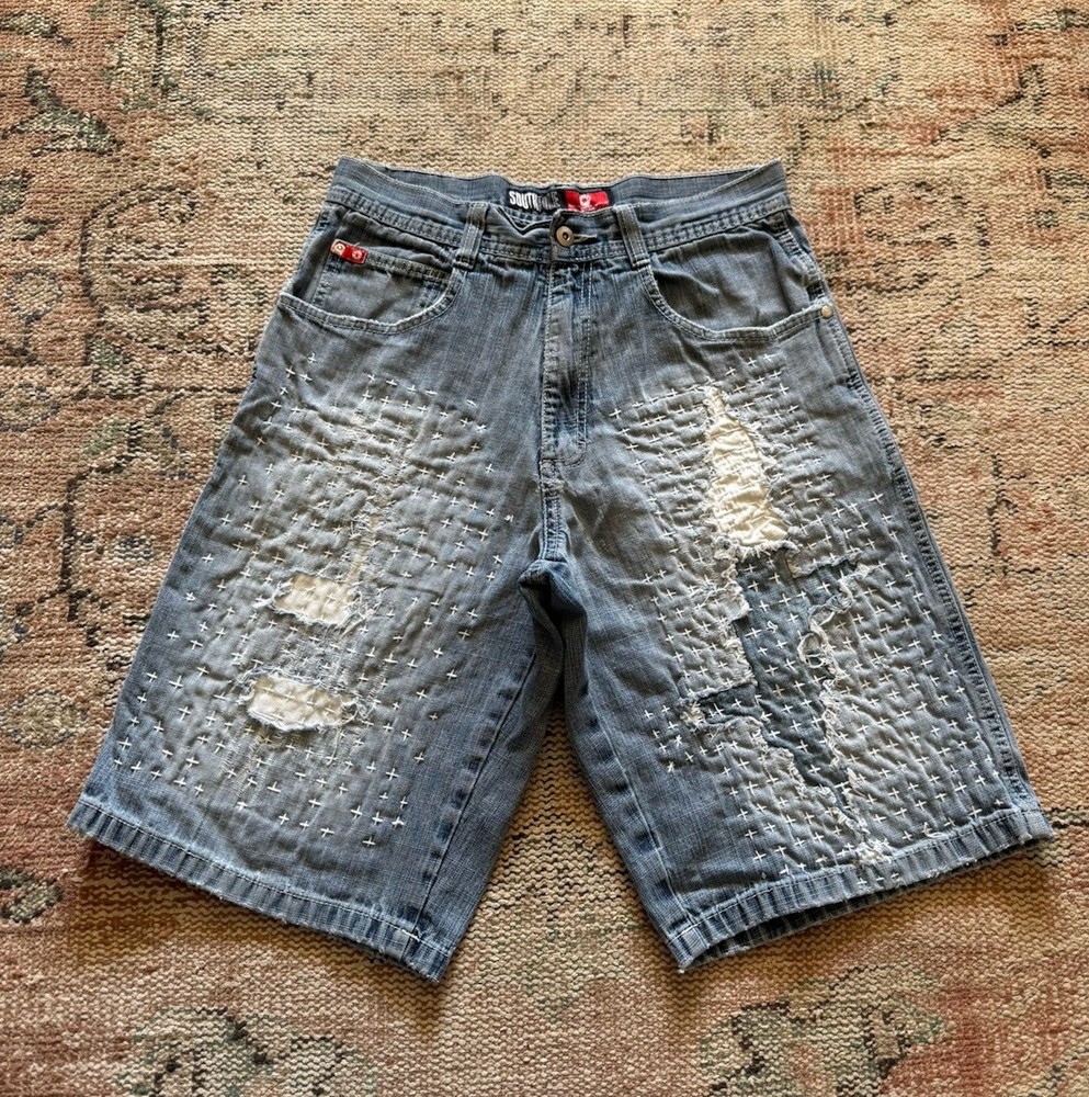 VTG Vintage Sashiko Repaired Southpole Baggy Y2K Bamboo Weave Jorts Size 32