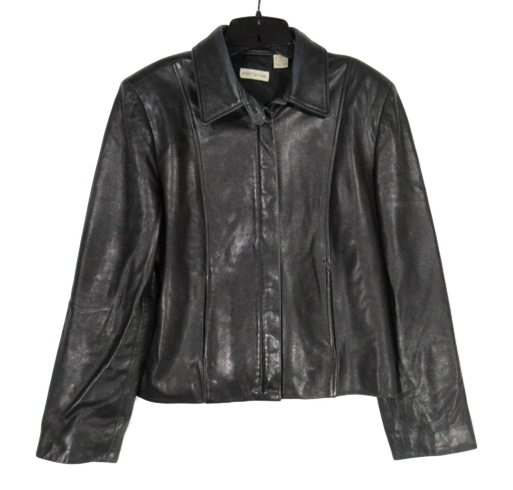 VTG 90's ANN TAYLOR Black SOFT GENUINE LEATHER Zip POCKETS Bomber Jacket Sz M