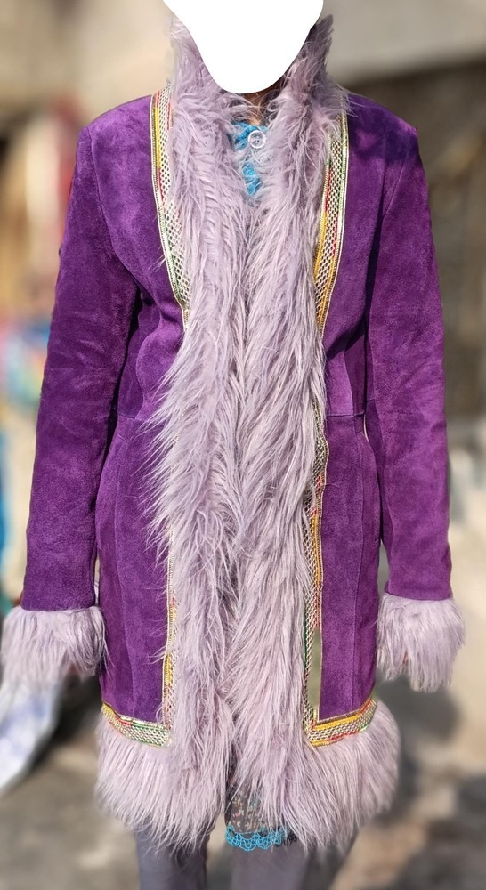 purple color suede leather mongolian fur women long coat vintage trim outerwear